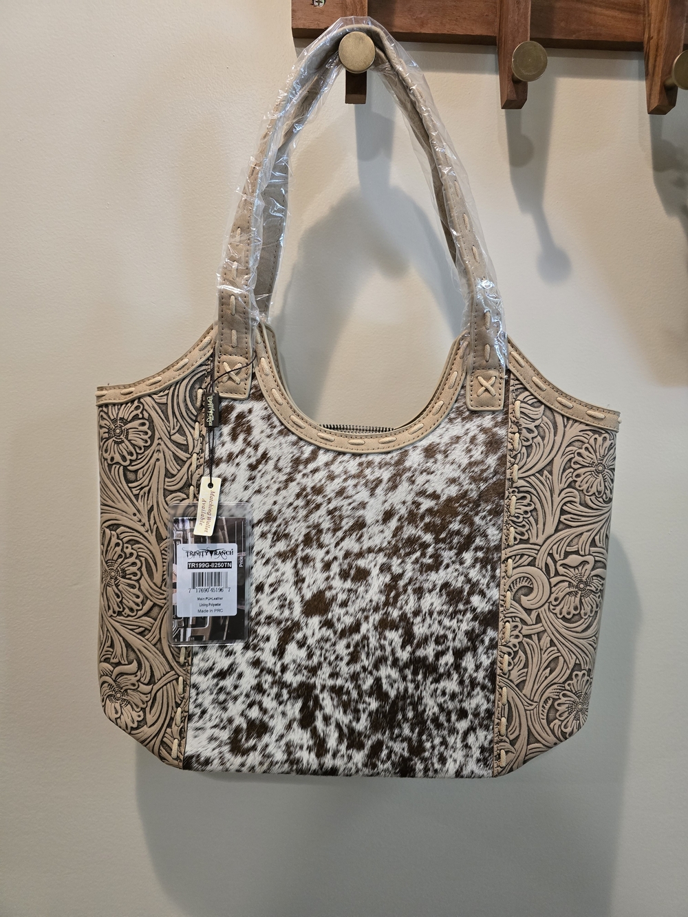 Trinity Ranch Brown & White Genuine. Cowhide Floral Tooled Tote